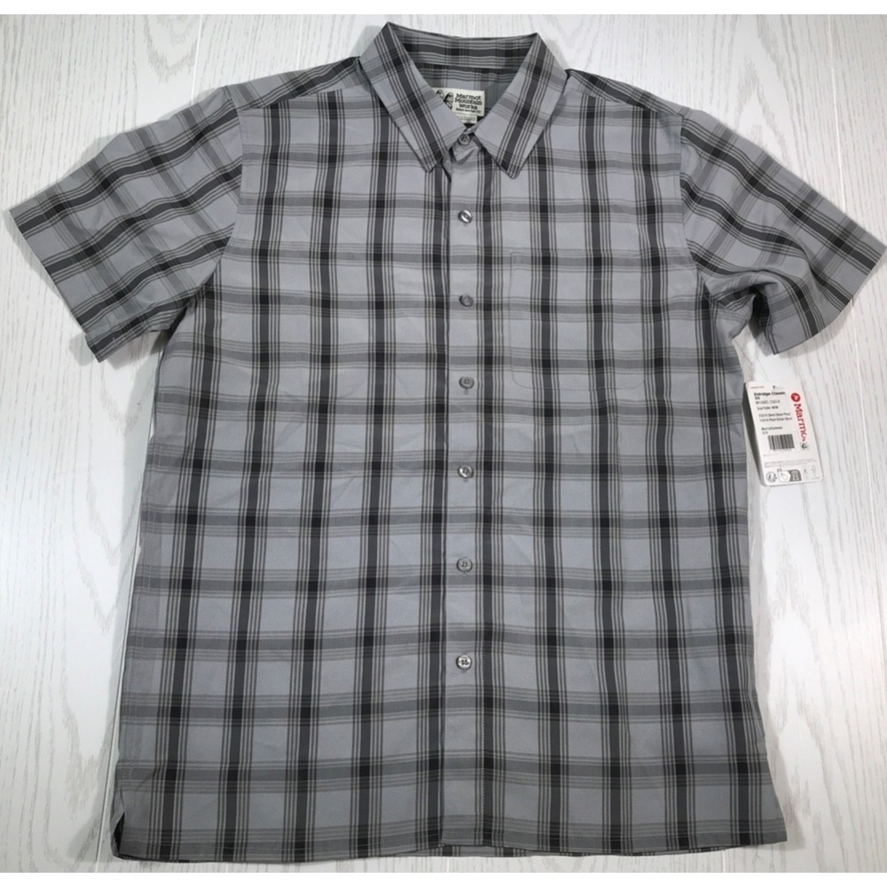 Marmot Plaid Short Sleeve Button Up Shirt Men M Gray Pocket Eldridge Classic New